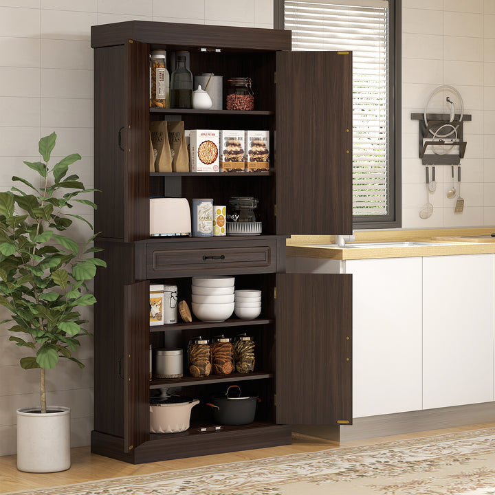 HOMCOM 71" Freestanding Kitchen Pantry with 4 Doors and 2 Cabinets, Tall Storage Cabinet for Kitchen, Distressed Coffee