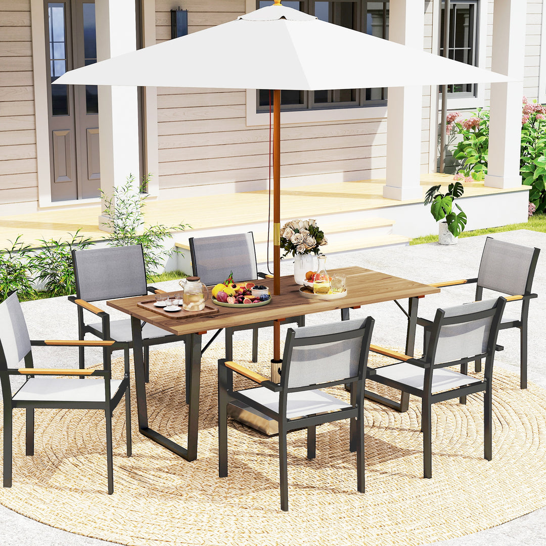 Outsunny Wooden Outdoor Dining Table for 6 with 2" Umbrella Hole, Slatted Tabletop, Metal Frame, for Yard, Deck, Lawn
