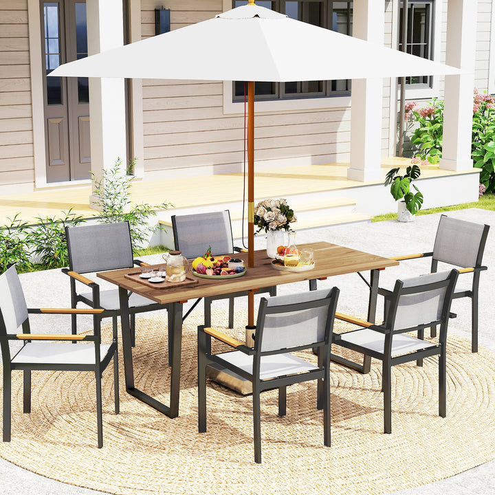 Outsunny Wooden Outdoor Dining Table for 6 with 2" Umbrella Hole, Slatted Tabletop, Metal Frame, for Yard, Deck, Lawn