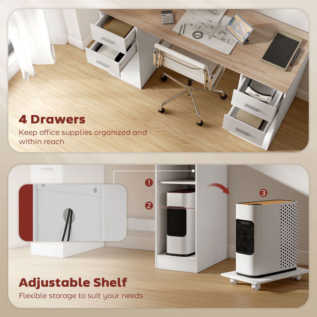 HOMCOM Office Desk, 55" Computer Desk with 4 Reversible Drawers, Mobile PC Stand, Adjustable Shelf, Black Wood Grain
