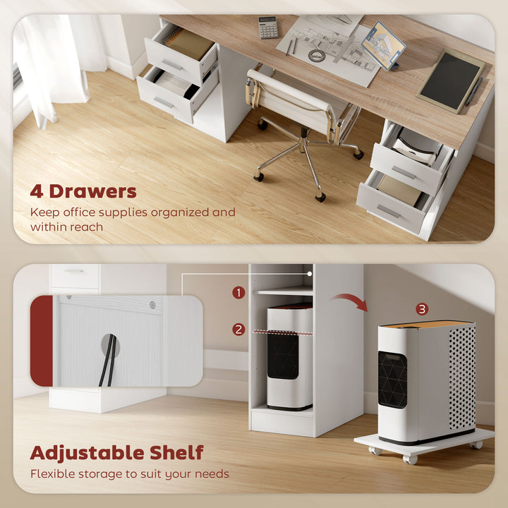 HOMCOM Office Desk, 55" Computer Desk with 4 Reversible Drawers, Mobile PC Stand, Adjustable Shelf, Black Wood Grain