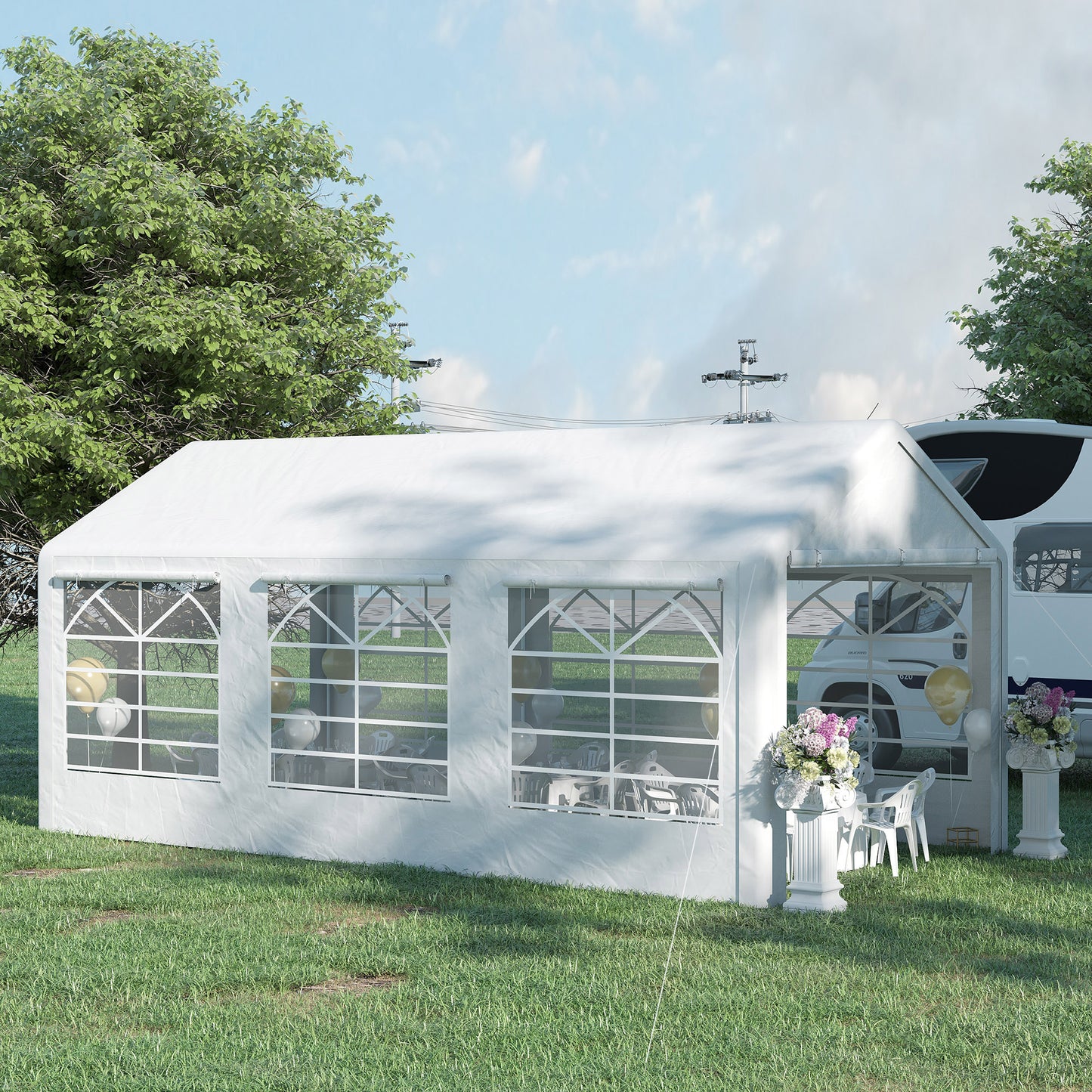 Outsunny 20â€™ x 10â€™ Heavy Duty Party Tent Outdoor Carport Canopy Shelter Gazobo with Sidewall, Zipper Door and Windows, White