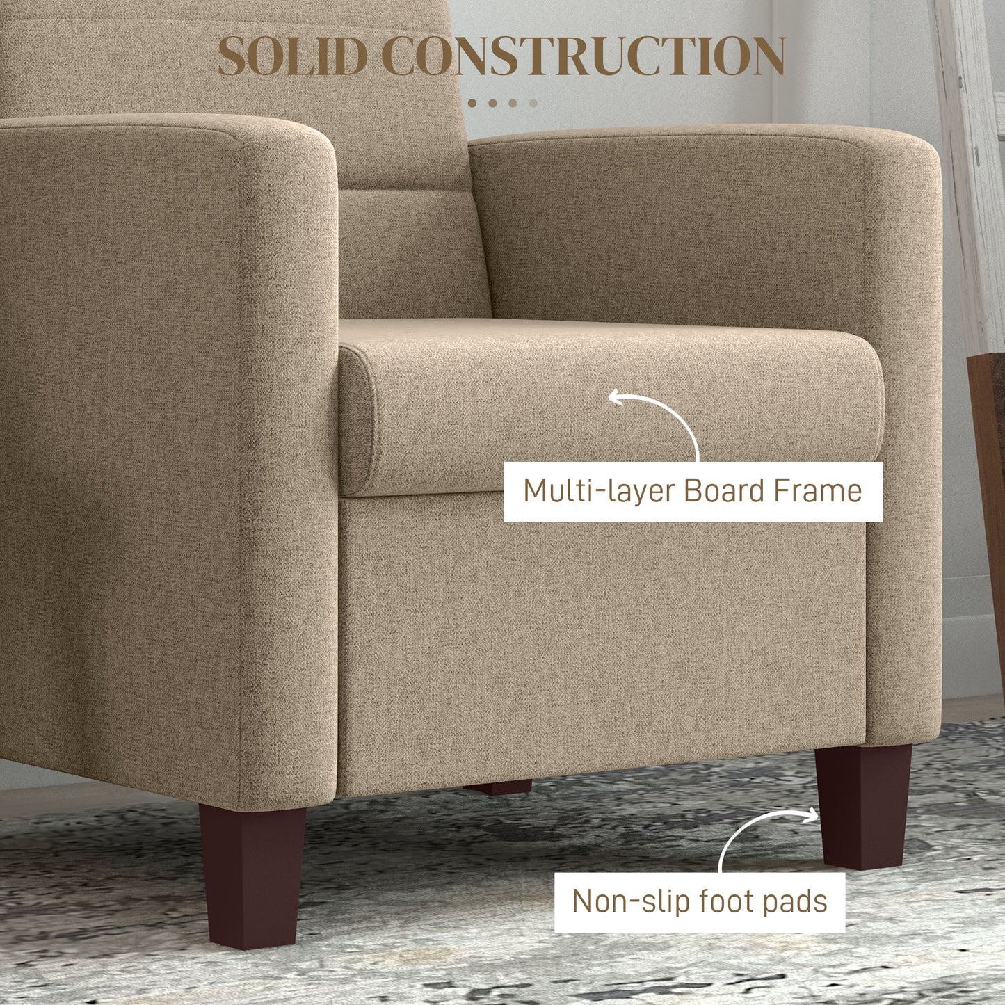 HOMCOM Fabric Accent Chair, Modern Armchair with Seat Cushion and Non-Slip Pads for Living Room, Bedroom, Light Brown