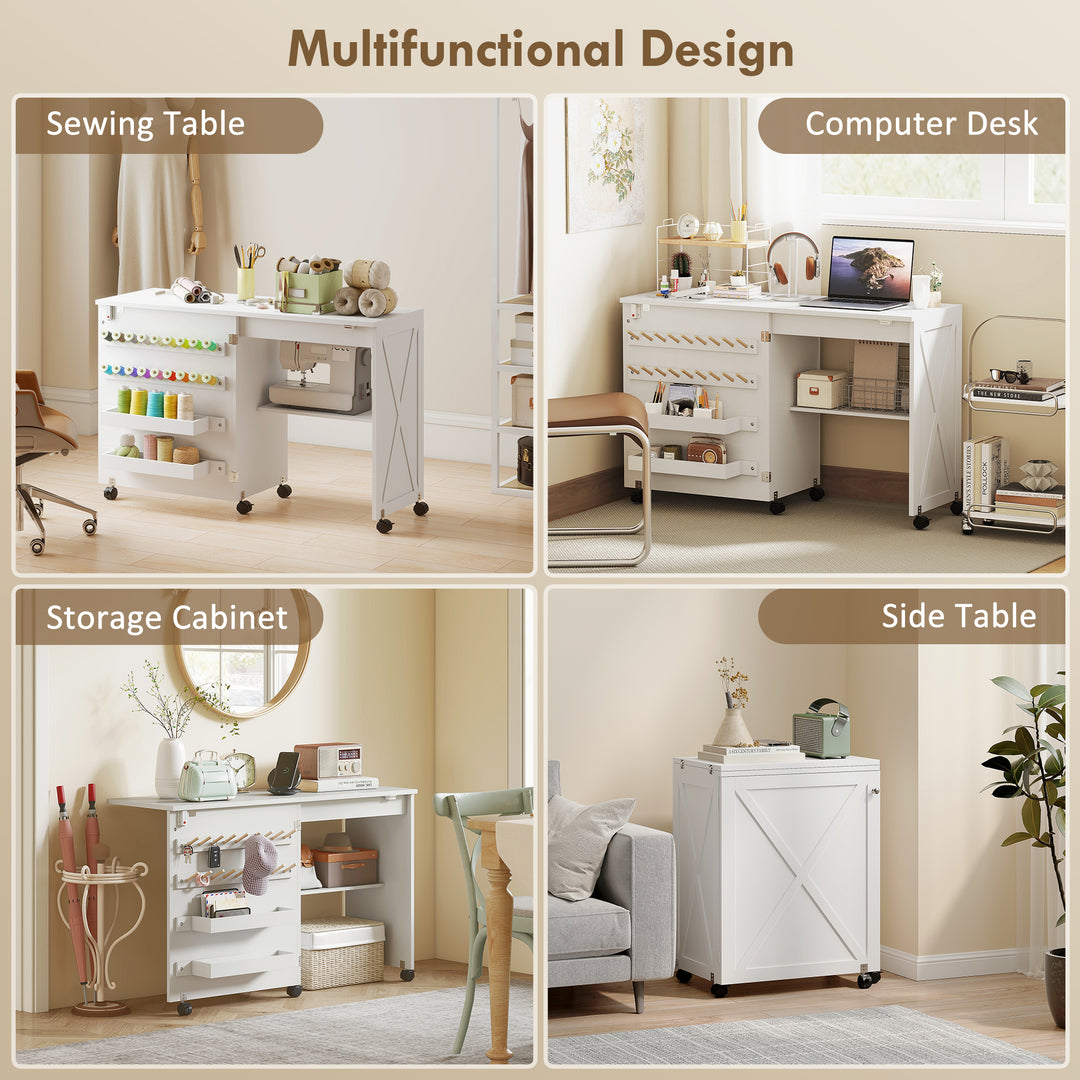 HOMCOM Sewing Machine Table on Wheels, Folding Craft Table with 2 Bins, Storage Shelf, 18 Pegs, Lockable Wheels, Brown