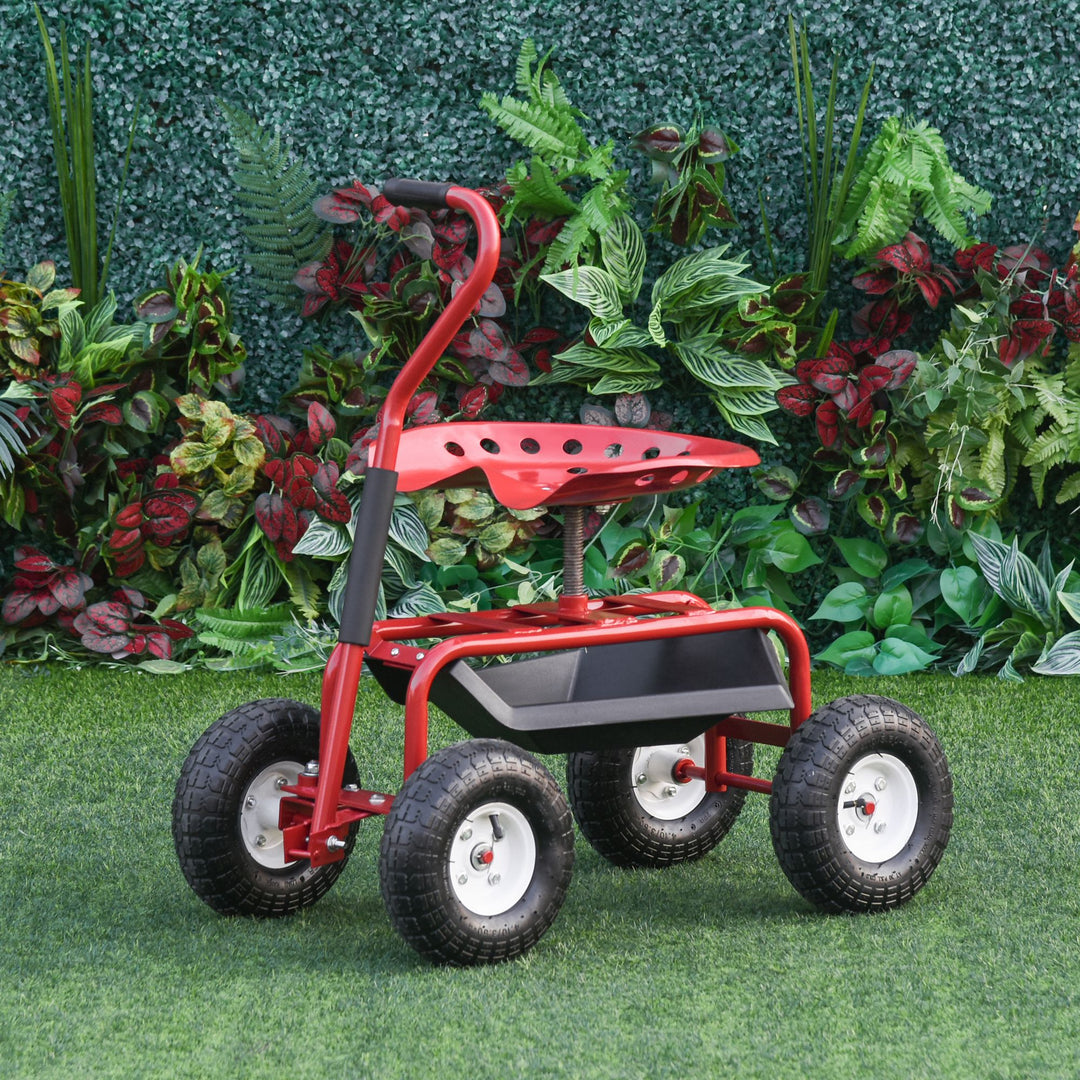 Outsunny Garden Scooter, Rolling Cart with Swivel and Adjustable Seat, Tool Tray, Bucket Basket, Red and Black