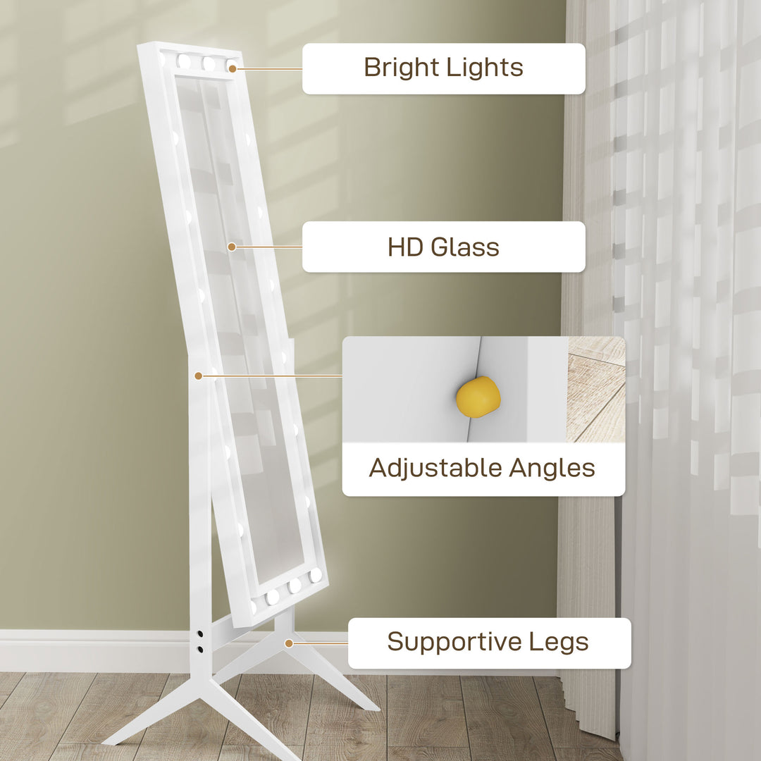HOMCOM Free Standing Mirror with Lights and Adjustable Angles 60" x 18" Floor Mirror with Frame for Bedroom Living Room, White