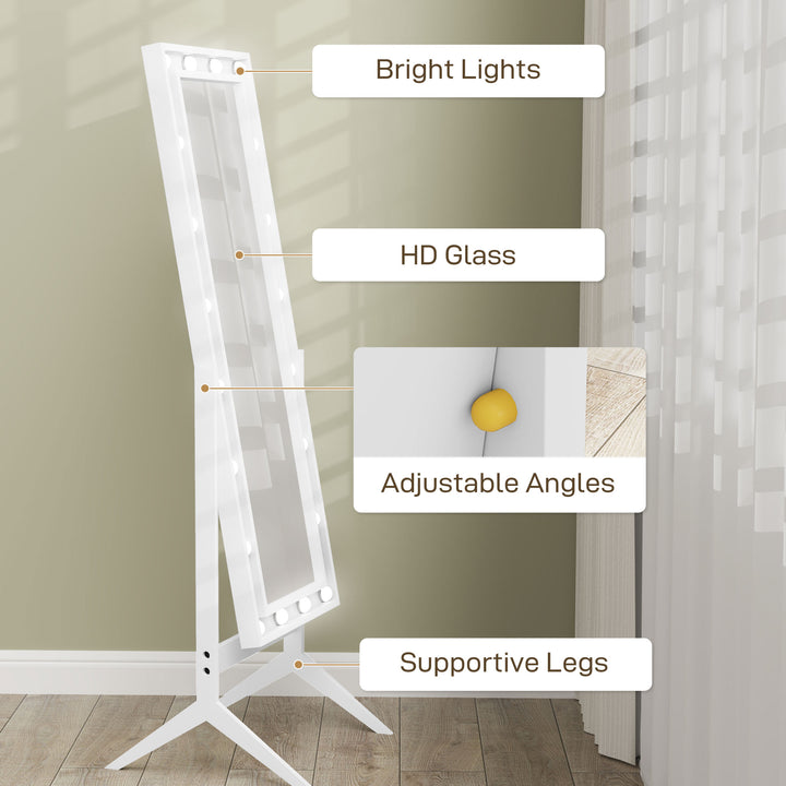 HOMCOM Free Standing Mirror with Lights and Adjustable Angles 60" x 18" Floor Mirror with Frame for Bedroom Living Room, White