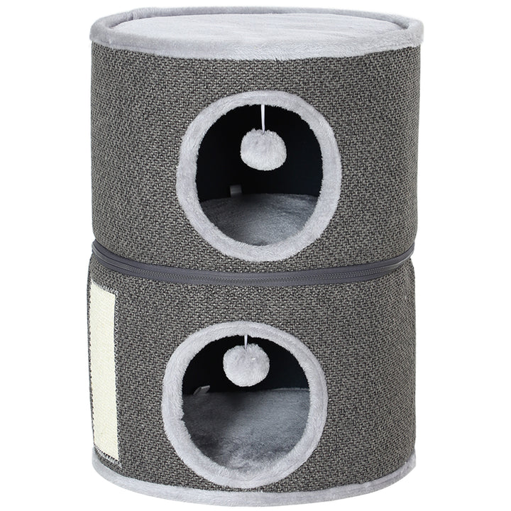 PawHut 2-Story Cat Condo Barrel Tree with Top Perch, 2 Hideaways, Scratching Board, Removable Cushions, Toy Balls, Dark Grey