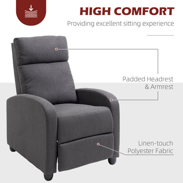 HOMCOM Fabric Recliner Chair Manual Home Theater Seating Single Reclining Sofa Chair with Padded Seat for Living Room, Dark Grey