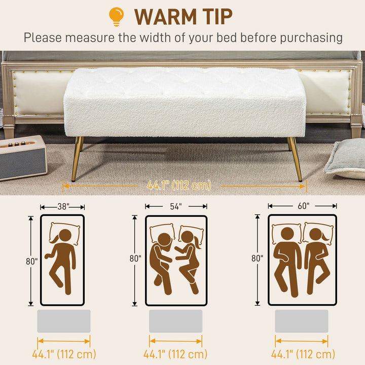HOMCOM 44" Lamb's Wool-Feel Upholstered Bedroom Bench, End of Bed Bench with Thick Padded Cushion and Steel Legs, Cream White