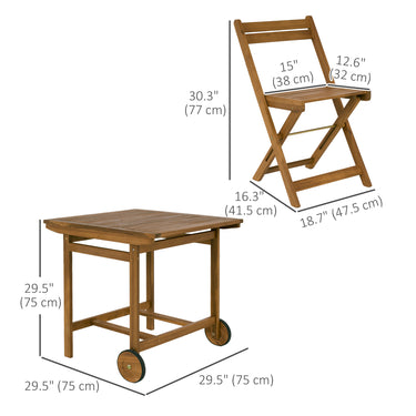 Outsunny 5 Pieces Wood Patio Dining Set, Wheeled Patio Table and Folding Chairs with Cushions for Garden Backyard Poolside, Teak
