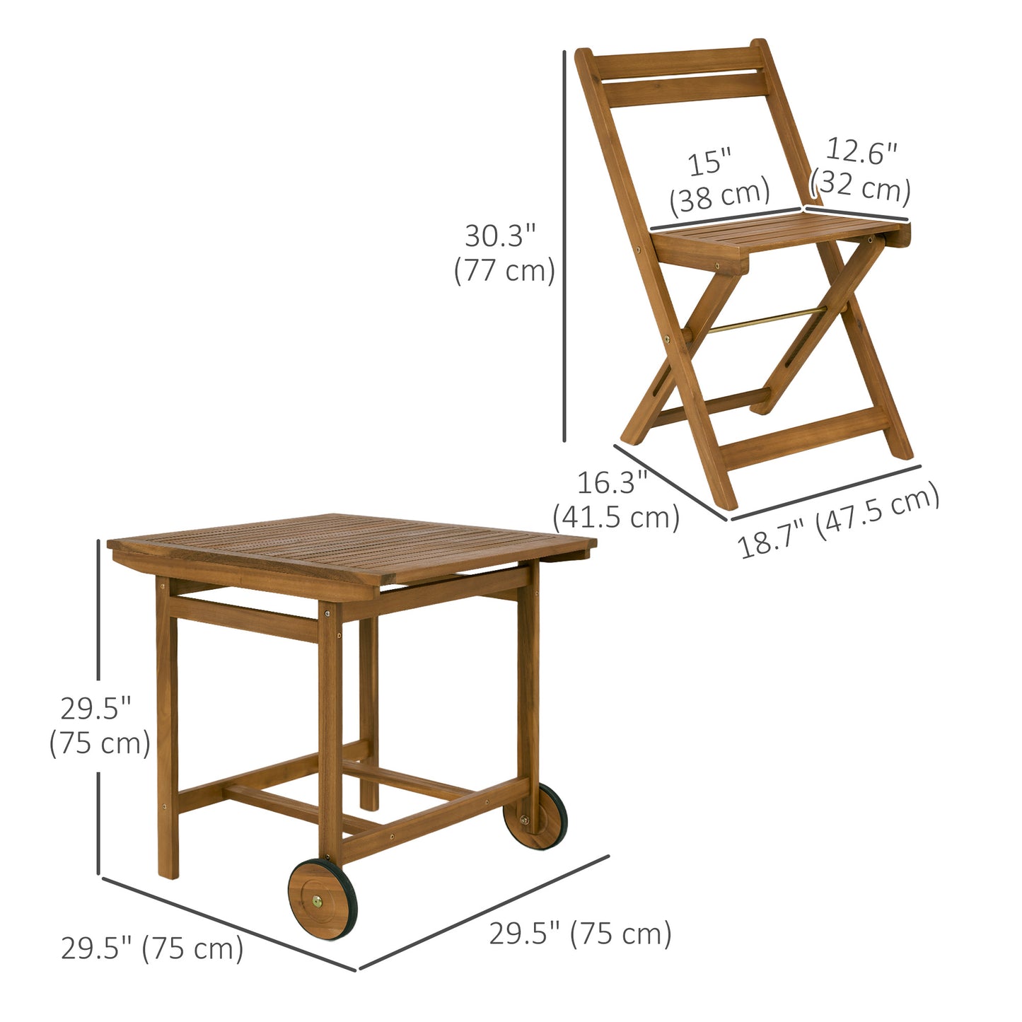 Outsunny 5 Pieces Wood Patio Dining Set, Wheeled Patio Table and Folding Chairs with Cushions for Garden Backyard Poolside, Teak