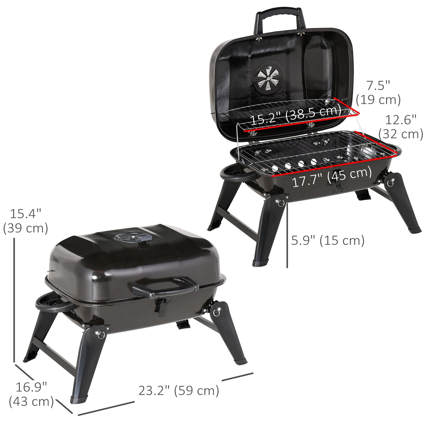 Outsunny 23" Portable Tabletop Steel Charcoal Grill Foldable Outdoor BBQ Camping Picnic Cooker Barbecue Smoker with Air Vent Black