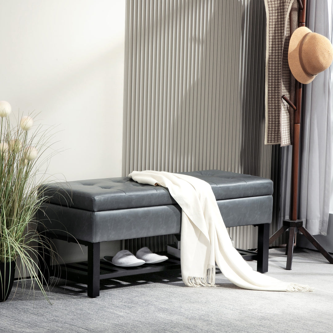 HOMCOM 44" PU Leather Tufted Ottoman Shoe Bench Storage Chest Hallway Brown