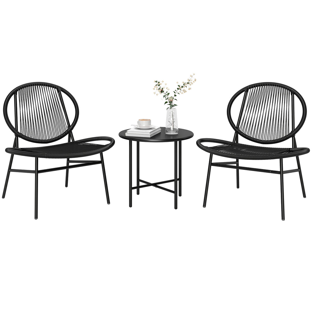 Outsunny Rattan Bistro Set, 3 Pieces Wicker Patio Furniture Set, Acapulco Chairs and Steel Table for Porch, Balcony, Black