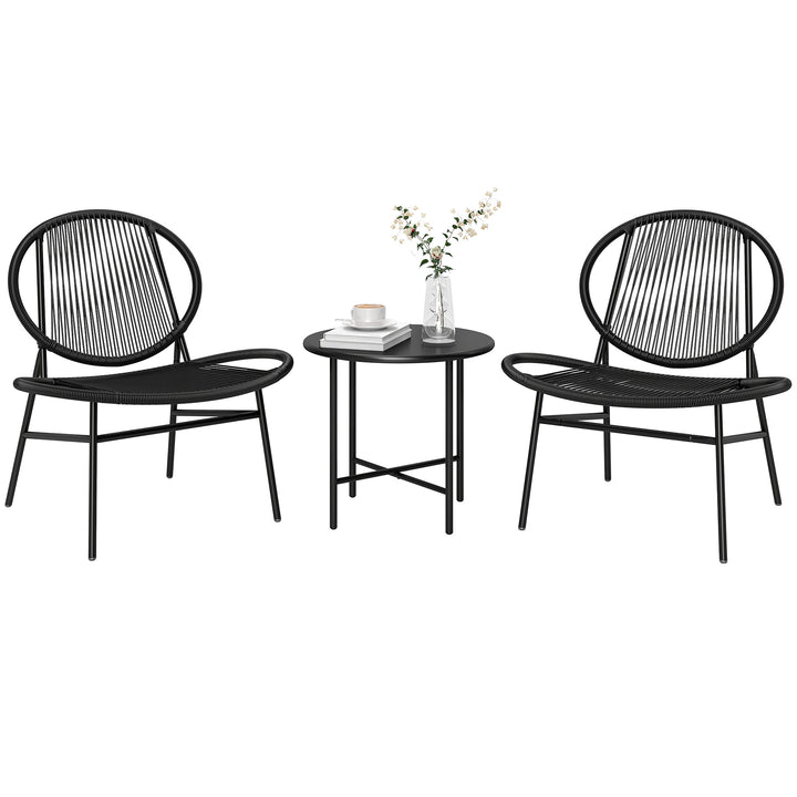 Outsunny Rattan Bistro Set, 3 Pieces Wicker Patio Furniture Set, Acapulco Chairs and Steel Table for Porch, Balcony, Black