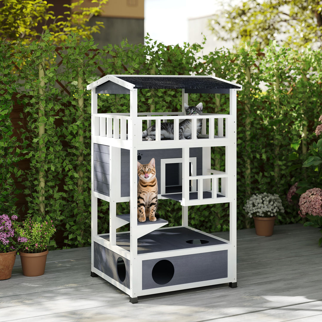 PawHut 4-Floor Wood Outdoor Cat House Catio for Cats with Condo, Fun Entrances, Perch, Grey