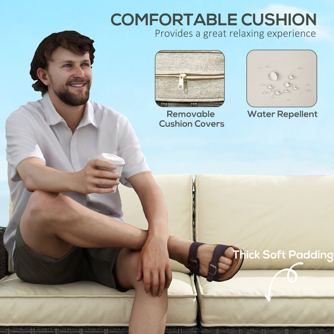 Outsunny 6 Pieces Outdoor Rattan Patio Furniture Set with Corner Sofa, Wood-Plastic Coffee Table, Light Khaki