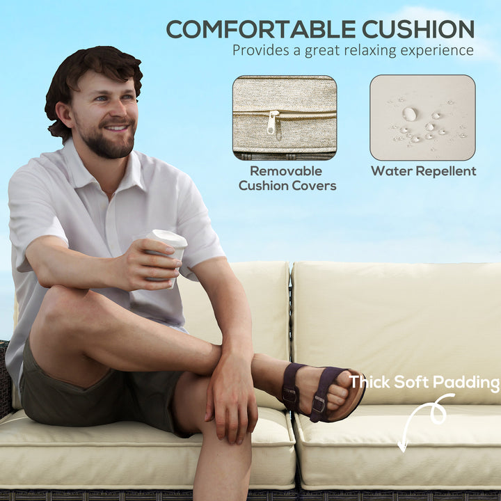 Outsunny 6 Pieces Outdoor Rattan Patio Furniture Set with Corner Sofa, Wood-Plastic Coffee Table, Light Khaki