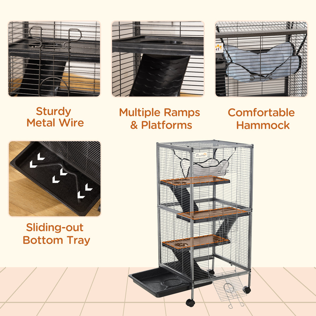 PawHut 4-Tier Rolling Small Animal Cage, Deluxe Guinea Pig Cage, Ferret Cage for Mink Chinchilla Kitten Rabbit