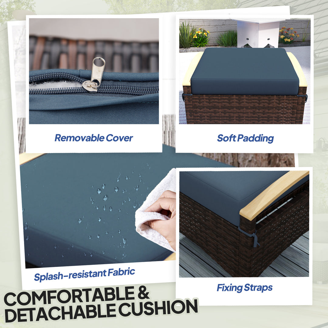 Outsunny 2 Pieces Wicker Outdoor Ottoman with Removable Cushion, Rattan Outdoor Footstool, Footrest and Side Table, Blue