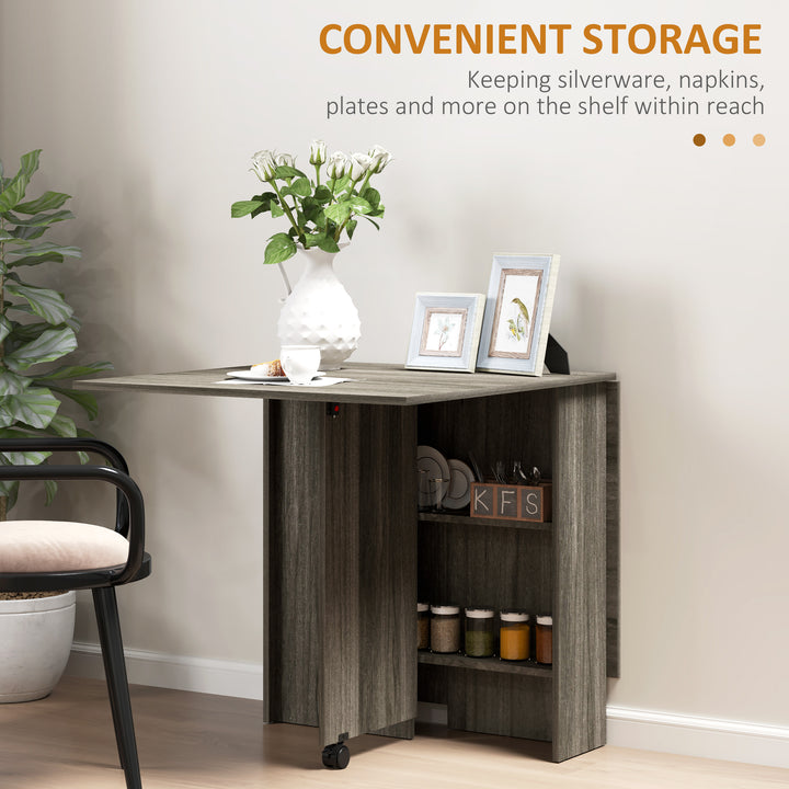 HOMCOM Extendable Dining Table, Collapsible Folding Table w/ 2-tier Shelves and Rolling Casters, Nature Wood