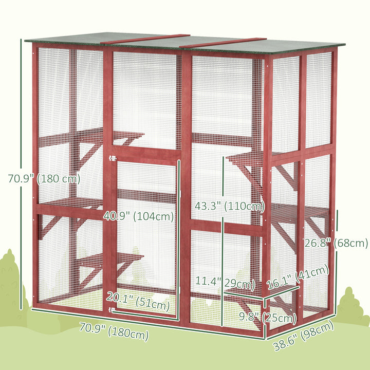 PawHut Large Outdoor Catio Enclosure, Weatherproof Cat House with Asphalt Roof,  Wooden Cat Patio Cage with 6 Balanced Platforms, 71" x 39" x 71", Grey