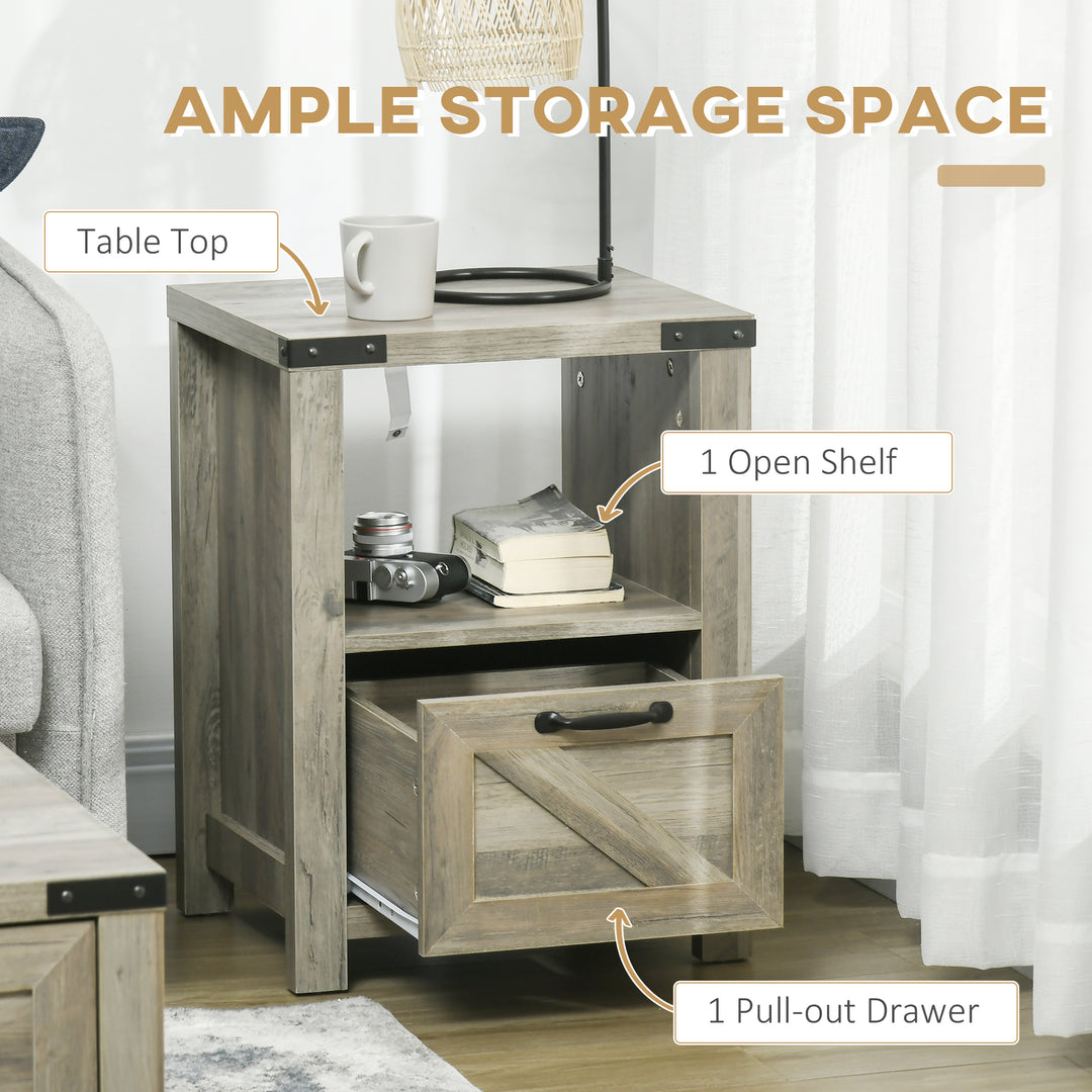 HOMCOM Side Table with Storage, Farmhouse End Table with Drawer, Open Shelf and Barn-style Panel, Nightstand for Living Room, Bedroom, Oak