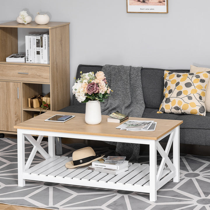 HOMCOM Farmhouse Coffee Table with Slatted Bottom Shelf, Center Table with X Bar Frame for Living Room, White, Natural