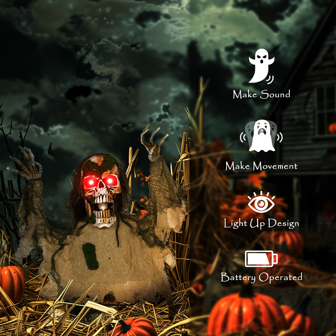 Outsunny Halloween Animated Skeleton with Glowing LED Eyes, Animatronic Halloween Decorations, Battery Operated