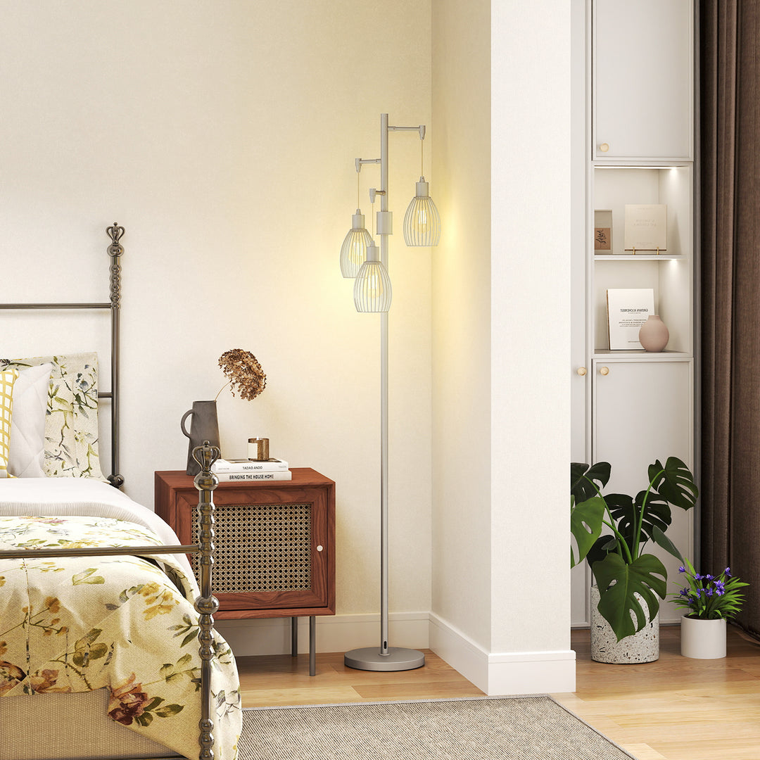 HOMCOM Industrial Floor Lamp with 3 Hanging Wire Lampshades, Dimmable Standing Lamp for Living Room, Bedroom, Dining Room, Study, Black