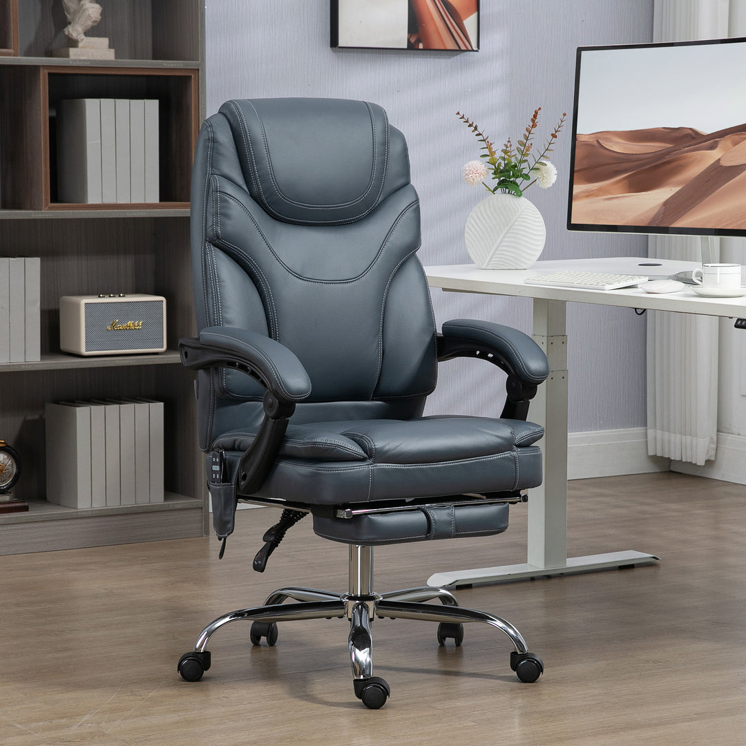 Vinsetto 6 Point Vibration Massage Office Chair, PU Leather Heated Reclining Computer Chair with Footrest, Grey