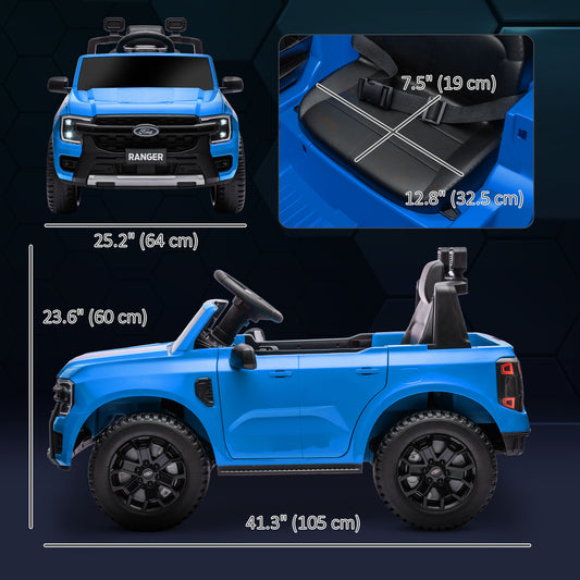 Qaba Ford Ranger Licensed 12V Ride on Car Battery Powered Kids Truck w/ Rear Storage Remote, Spring Suspension, Blue