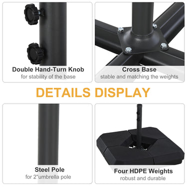 Outsunny Umbrella Stand Fitting 2" Poles and Steel Base with 4 Fillable Plastic Weights, 158lbs Sand or 132lbs Water Filled, Black