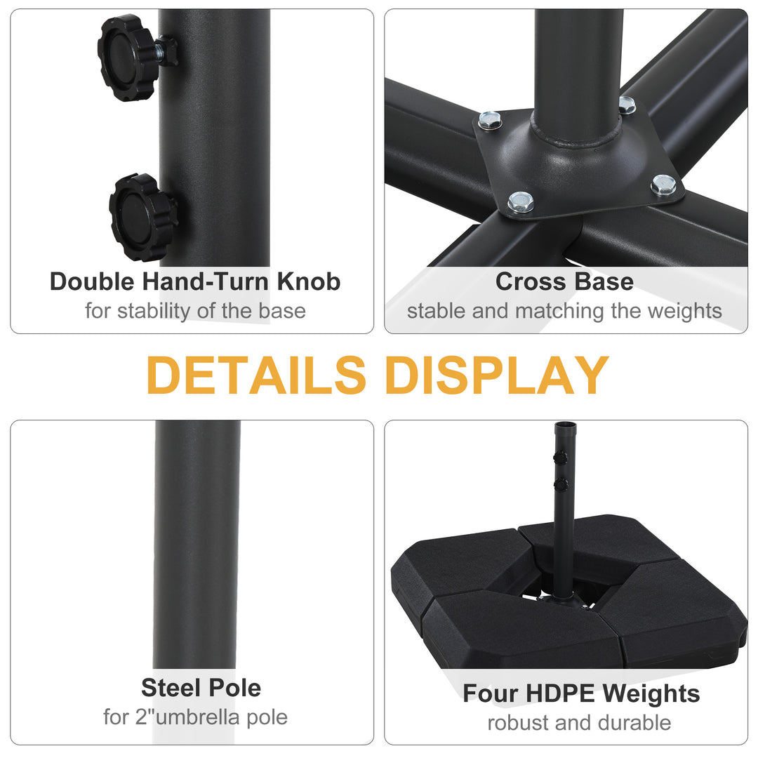 Outsunny Umbrella Stand Fitting 2" Poles and Steel Base with 4 Fillable Plastic Weights, 158lbs Sand or 132lbs Water Filled, Black