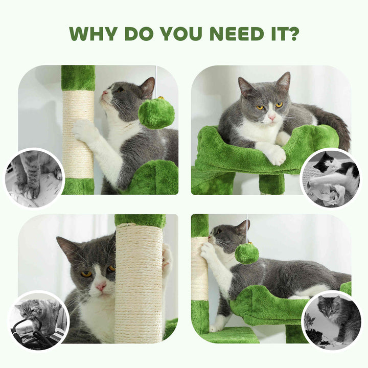 PawHut Cat Tree, 70" Multi-Level Cat Tower with 2 Condos, 2 Perches, Hammock, Toy Balls, Scratching Posts and Board, Green