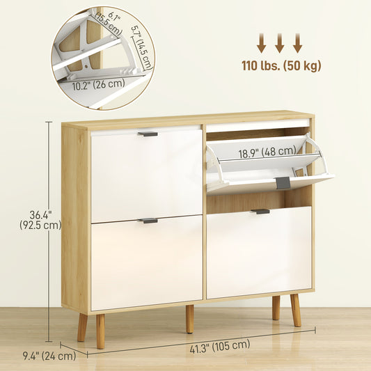 HOMCOM Narrow Shoe Cabinet, High Gloss Shoe Storage Cabinet with 4 Flip Drawers and Adjustable Shelves, Holds 20 Pairs, White