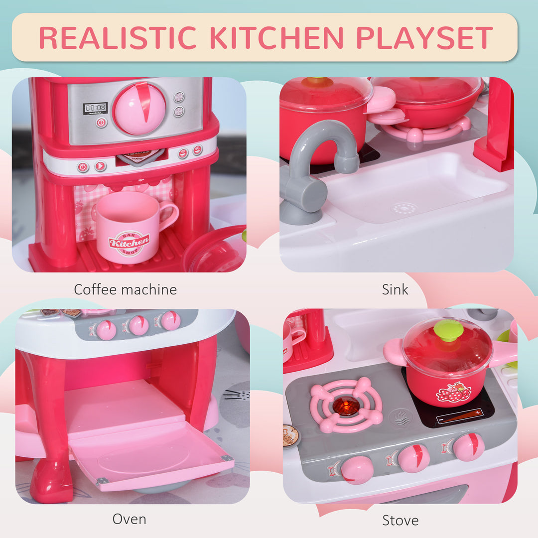 Qaba Kids Kitchen Set Kitchen Playset Pretend Toy Children Role Play Game Toy with Light & Sound Function  38Pcs Toy Accessories - Pink
