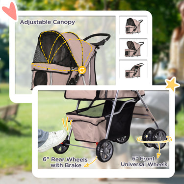 PawHut 4 Wheel Dog Pet Stroller Dog Cat Carrier Folding Sunshade Canopy with Brake, Safety Leash, Cup Holder, Brown
