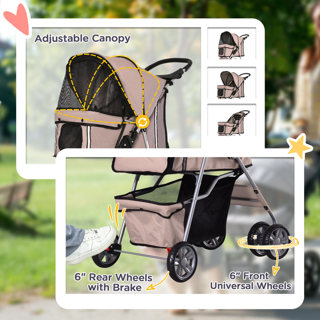 PawHut 4 Wheel Dog Pet Stroller Dog Cat Carrier Folding Sunshade Canopy with Brake, Safety Leash, Cup Holder, Brown