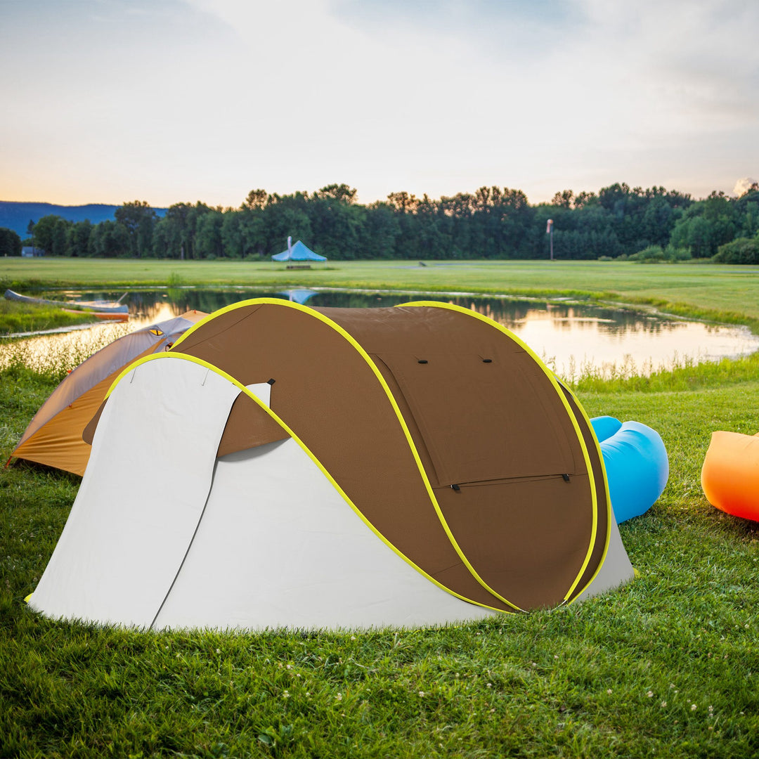 Outsunny Pop Up Tent with 2 Porch and Carry Bag, 3000mm Waterproof Camping Tent, for 2-3 People, Brown