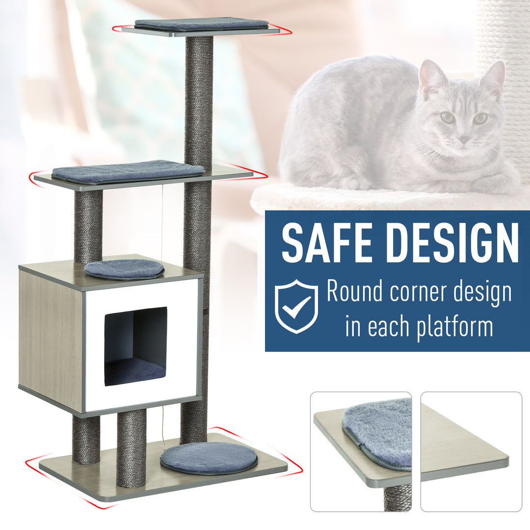 PawHut 47" Wood Cat Tree, Kitty Scratching Post, Kitten House, Condo Activity Center w/ Cushions, Pet Furniture