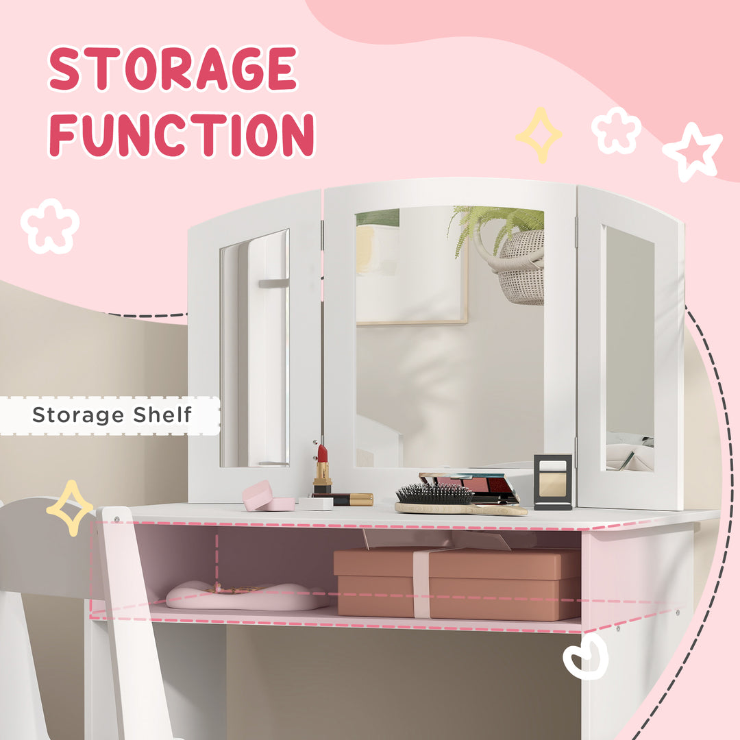 Qaba 2 in 1 Kids Vanity Set Makeup Dressing Table Pretend Play Set with Tri-Folding Mirror, Stool, Storage Shelf
