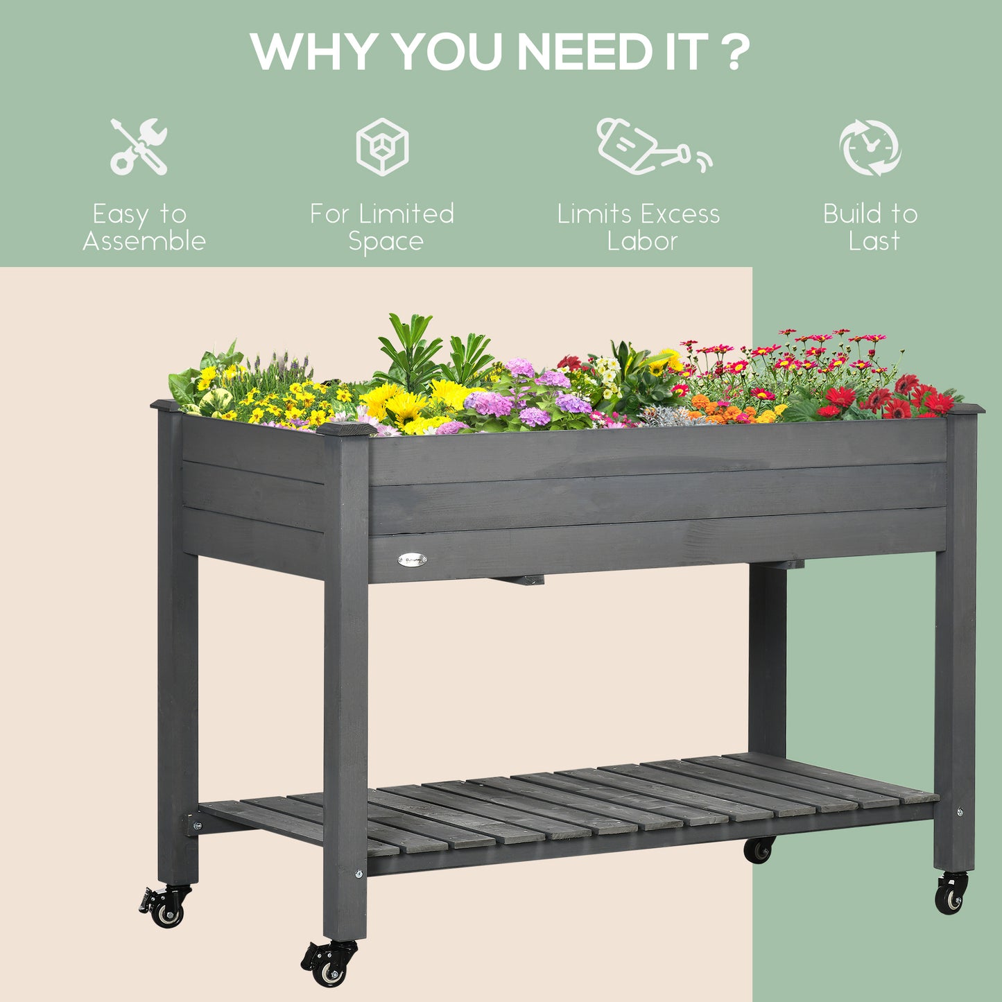Outsunny Mobile Raised Garden Bed Elevated Wood Planter Box w/ Lockable Wheels, Storage Shelf  for Herbs Vegetables, Dark Grey