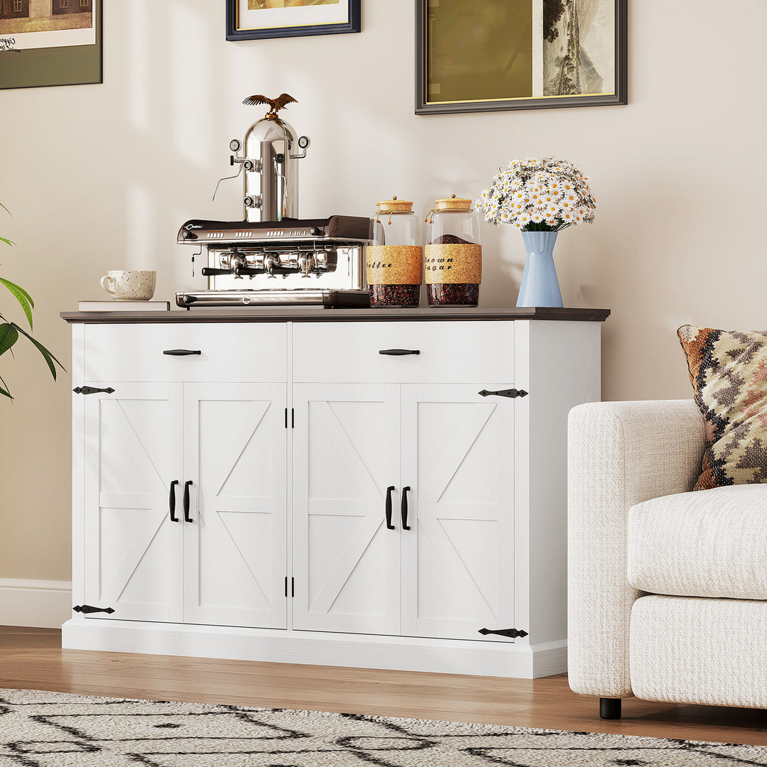 HOMCOM 55" Buffet Cabinet, Farmhouse Sideboard with 1.2" Thick Top, 4 Barn Doors, 2 Drawers and 2 Adjustable Shelves, White