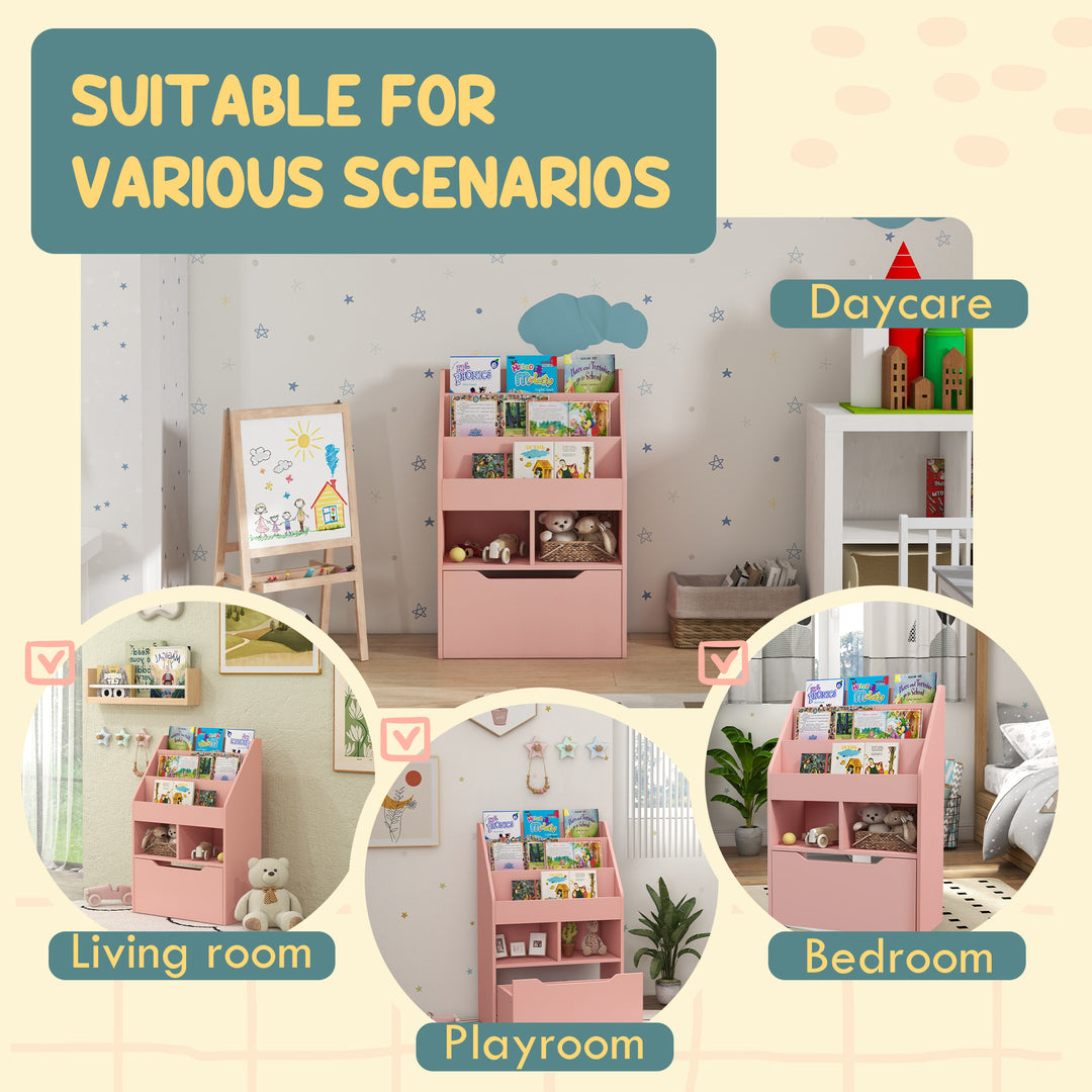 HOMCOM Kids Bookcase Multi-Shelf Rack Organizer with Storage Drawer for Books for Reading Nook, Classroom, Bedroom, Playroom, Grey