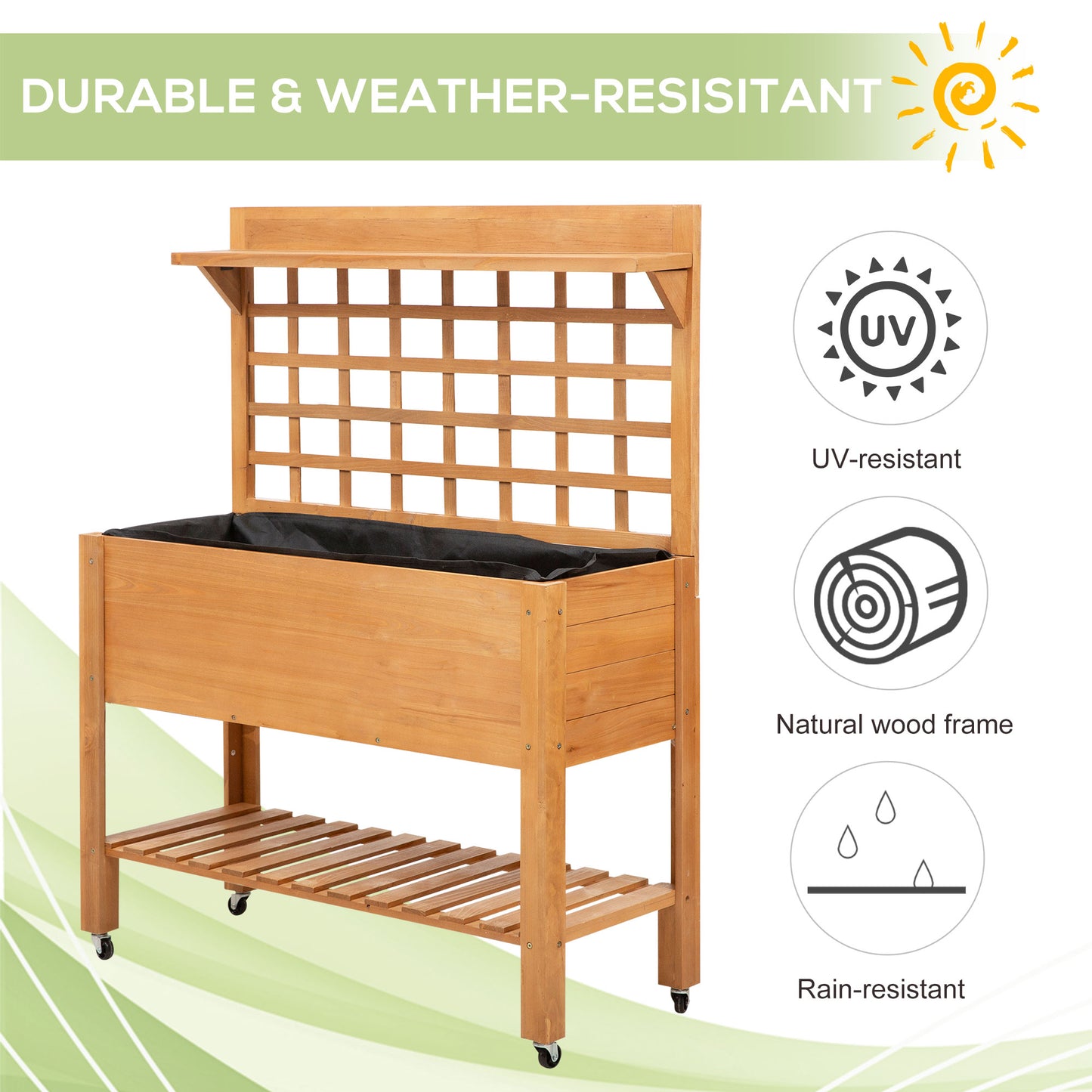 Outsunny 41.25"x15.75"x53.25" Wooden Planter Raised Elevated Garden Bed Planter Flower Herb Boxes for Vegetables Flower with Shelf and Wheels Solid Wood Outdoor/Indoor