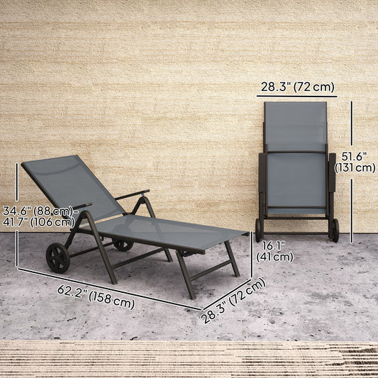 Outsunny Outdoor Lounge Chair, 5-Level Adjustable Folding Chaise Chair with 2 Wheels for Backyard, Beach, Poolside, Grey