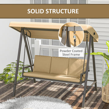 Outsunny 3 Seater Patio Swing Chair, Porch Swing with Adjustable Canopy and Removable Cushions, Outdoor Swing Seat, Beige