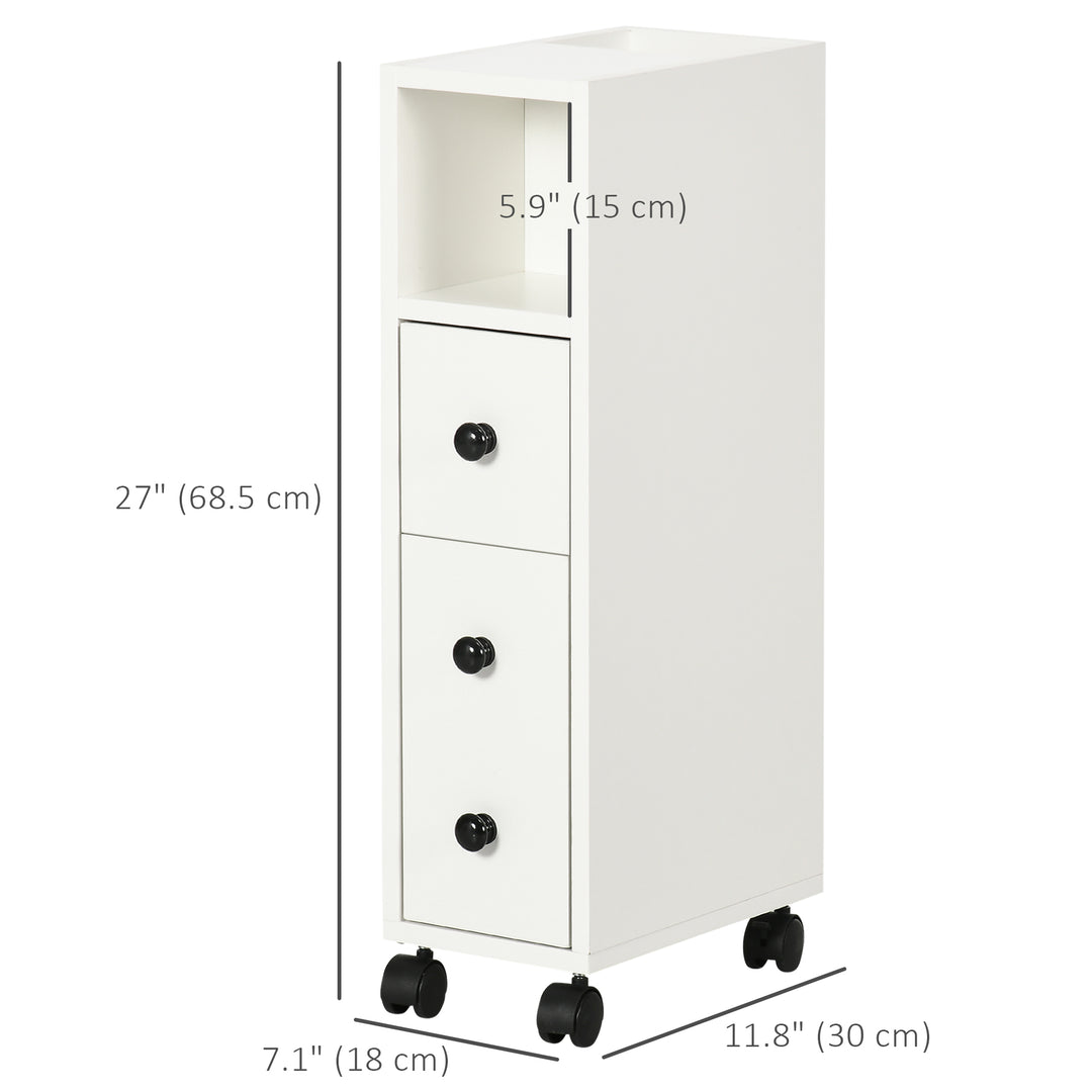 kleankin Slim Bathroom Cabinet with Wheels, Narrow Bathroom Storage Cabinet with Door, Drawer and 2 Open Compartments, White